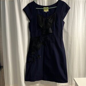 Elegant Navy Blue Dress with Black Embroidery-Anthropologie